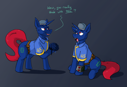 Size: 3440x2356 | Tagged: safe, artist:g472y, derpibooru import, oc, oc:bit shift, changeling, pony, unicorn, fallout equestria, blank eyes, brain, brainless, clothes, derp, drool, horn, impersonating, jumpsuit, mocking, organs, pipbuck, smiling, smirk, stealing, tongue, tongue out, vault suit