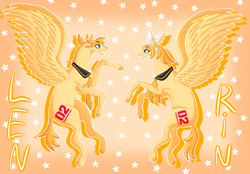 Size: 2300x1600 | Tagged: safe, artist:ireneroxanne666, derpibooru import, pegasus, duo, female, kagamine len, kagamine rin, male, mare, siblings, stallion, twins