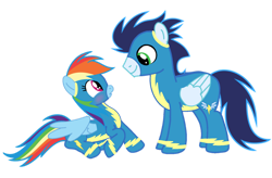 Size: 1280x840 | Tagged: safe, artist:soarindasher10, derpibooru import, rainbow dash, soarin', pegasus, pony, clothes, female, height difference, male, mare, shipping, simple background, soarindash, stallion, straight, transparent background, uniform, wonderbolts, wonderbolts uniform