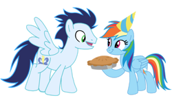 Size: 1280x731 | Tagged: safe, artist:soarindasher10, derpibooru import, rainbow dash, soarin', pegasus, pony, g4, apple, apple pie, birthday, female, food, hat, male, mare, party hat, pie, shipping, simple background, soarindash, stallion, straight, that pony sure does love pies, transparent background