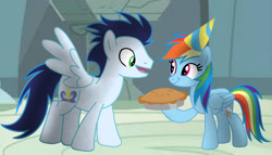 Size: 1280x731 | Tagged: safe, artist:soarindasher10, derpibooru import, rainbow dash, soarin', pegasus, pony, apple, apple pie, birthday, compassion, cute, dashabetes, female, food, hat, heartwarming, kindness, male, mare, party hat, pie, rainbow dash is best oony, romantic, romantic love, shipping, soarinbetes, soarindash, stallion, straight, that pony sure does love pies