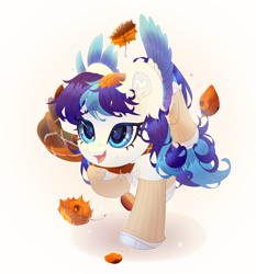 Size: 2700x2900 | Tagged: safe, artist:medkit, derpibooru import, oc, oc only, oc:snowflake flower, pegasus, pony, accessory, autumn, autumn leaves, blue eyes, blue mane, blue tail, cel shading, chest fluff, chibi, clothes, colored ears, colored eyebrows, colored eyelashes, colored hooves, colored lineart, colored pupils, colored wings, ear fluff, ears, ears up, eye clipping through hair, eyebrows, eyebrows visible through hair, eyes open, feathered wings, female, fringe, full body, gradient background, gradient wings, heart ears, heart shaped, hooves, leaves, leg fluff, lightly watermarked, long mane, long tail, looking at something, mare, multicolored wings, open mouth, open smile, paint tool sai 2, pegasus oc, raised eyebrows, raised hoof, raised leg, running, scarf, shading, shadow, signature, smiling, socks, solo, spread wings, tail, three quarter view, two toned mane, two toned tail, wall of tags, water drops, watermark, white coat, wings