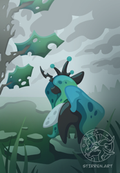 Size: 1640x2360 | Tagged: safe, artist:stirren, derpibooru import, queen chrysalis, changeling, changeling queen, g4, butt, chibi, facing away, plot, rear view, solo, standing, swamp