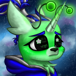 Size: 3000x3000 | Tagged: safe, artist:sunamoonmlp, derpibooru exclusive, derpibooru import, oc, oc only, alicorn, alien, alien pony, pony, g4, beautiful, bust, cheek fluff, chest fluff, commission, cute, female, horn, mare, pfp, portrait, space, worried