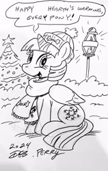 Size: 2352x3713 | Tagged: safe, artist:debmervin, derpibooru import, twilight sparkle, alicorn, g4, black and white, clothes, grayscale, hat, hearth's warming eve, monochrome, scarf