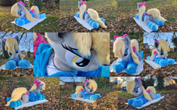 Size: 3840x2403 | Tagged: safe, artist:lanacraft, derpibooru import, photographer:damagics, derpy hooves, pegasus, pony, g4, autumn, bedroom eyes, bow, bowtie, clothes, female, hoodie, life size, lying down, mare, multiple views, outdoors, photo, photo shoot, plushie, prone, socks, solo, striped socks