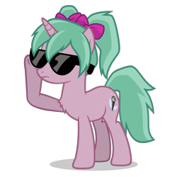 Size: 2800x2800 | Tagged: safe, artist:oblivionfall, derpibooru import, oc, oc only, oc:magicalmysticva, pony, unicorn, bow, female, glasses, hair bow, horn, pigtails, pink body, pink bow, png, simple background, solo, sunglasses, teal mane, transparent background, twintails, vector