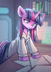 Size: 819x1158 | Tagged: safe, artist:chaosangeldesu, derpibooru import, twilight sparkle, pony, unicorn, g4, clothes, commission, horn, lab coat, laboratory, solo