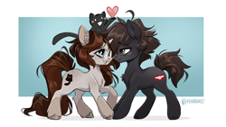 Size: 2500x1406 | Tagged: safe, artist:kez, derpibooru import, oc, oc only, oc:replica, oc:spipples, earth pony, pony, unicorn, cute, horn, ship:spipplica