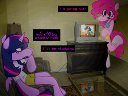 Size: 736x552 | Tagged: safe, artist:brynnstic, derpibooru import, pinkie pie, twilight sparkle, twilight sparkle (alicorn), alicorn, anthro, semi-anthro, unguligrade anthro, g4, bra, clothes, curly hair, curly mane, deviantart, dialogue, eyelashes, female, females only, hooves, horn, lesbian, lidded eyes, my little pony: friendship is magic, piercing, raised leg, roommates, shipping, shorts, small wings, stockings, straight mane, text, thigh highs, twinkie, underwear, winged anthro, wings