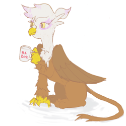 Size: 2000x2000 | Tagged: safe, artist:canary9, derpibooru import, gilda, griffon, g4, birb, coffee mug, female, mug, simple background, sitting, solo, white background