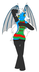 Size: 1758x3265 | Tagged: safe, artist:timejumper, derpibooru import, oc, oc only, oc:azetha, succubus, backless, bat wings, boots, christmas, christmas sweater, clothes, commission info in description, dress, evening gloves, gloves, holiday, horns, long gloves, open-back sweater, shoes, sleeveless, sleeveless sweater, solo, sweater, thigh boots, virgin killer sweater, wings