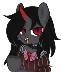 Size: 915x1069 | Tagged: safe, artist:lamaka, derpibooru import, oc, oc:redhorned, pony, unicorn, clothes, crossdressing, curved horn, dress, facial hair, fangs, goatee, horn, male, not king sombra, red eyes, simple background, stallion, umineko no naku koro ni, село