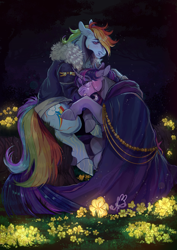 Size: 1672x2363 | Tagged: safe, artist:bunnari, derpibooru import, rainbow dash, twilight sparkle, pegasus, pony, g4, bomber jacket, cloak, clothes, crying, curved horn, flower, forest, glasses, horn, jacket, nature, night, scar, tree