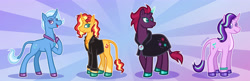 Size: 5094x1648 | Tagged: safe, artist:artisticwerks, derpibooru import, starlight glimmer, sunset shimmer, tempest shadow, trixie, pony, g4, amputee, clothes, counterparts, crystal horn, horn, jacket, prosthetic horn, prosthetics, tempest gets her horn back, twilight's counterparts