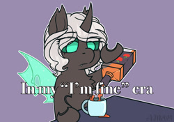 Size: 1548x1084 | Tagged: safe, artist:bluebookarts, derpibooru import, oc, oc:kitu elder, changeling, changeling queen, apple cider, changeling oc, commission, cup, ears, gray coat, horn, insect wings, pouring, simple background, spill, teal eyes, text, white mane, wings, ych result