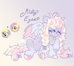 Size: 2197x1949 | Tagged: safe, artist:bishopony, derpibooru import, derpy hooves, fluttershy, oc, oc:misty eyes, pegasus, pony, g4, blush scribble, blushing, bow, braid, braided tail, coat markings, colored wings, colored wingtips, dappled, ears, eyeshadow, female, floppy ears, flower, flower in hair, flower in tail, fusion, fusion:derpy hooves, fusion:fluttershy, gradient background, gradient legs, hair bow, high res, hoof heart, hooves, lidded eyes, makeup, mare, name, partially open wings, raised hoof, raised leg, signature, sitting, smiling, tail, tail bow, underhoof, unshorn fetlocks, wings