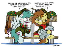 Size: 2223x1656 | Tagged: safe, artist:bobthedalek, derpibooru import, oc, oc only, oc:bubble pump, oc:clippy ticket, earth pony, pegasus, pony, bag, bench, break room, clothes, hearth's warming, heat, jacket, kiss mark, lipstick, mistletoe, newspaper, panic, panicking, sweater, tongue, tongue out