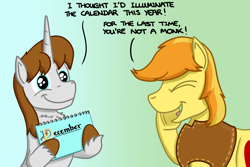 Size: 1800x1200 | Tagged: safe, artist:hoofclid, derpibooru import, braeburn, oc, oc:hoofclid, earth pony, pony, unicorn, g4, calendar, canon x oc, dialogue, duo, duo male, eyes closed, gay, gradient background, hatless, horn, male, missing accessory, open mouth, open smile, shipping, smiling, stallion