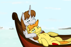 Size: 1800x1200 | Tagged: safe, artist:hoofclid, derpibooru import, braeburn, oc, oc:hoofclid, earth pony, pony, unicorn, g4, boat, canon x oc, cuddling, duo, duo male, gay, hatless, horn, lidded eyes, looking at each other, looking at someone, male, missing accessory, shipping, smiling, smiling at each other, stallion, water