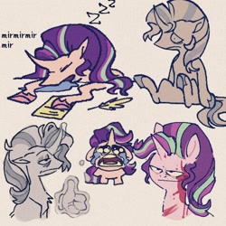 Size: 1500x1500 | Tagged: safe, artist:disaterror, derpibooru import, starlight glimmer, pony, unicorn, g4, bags under eyes, bawling, bipedal, blood, chest fluff, colored hooves, crying, curved horn, doodle, doodle dump, drool, ears, eyes closed, eyeshadow, female, floppy ears, frown, glowing, glowing horn, hand, hooves, horn, implied violence, looking down, magic, magic hands, makeup, mare, narrowed eyes, no catchlights, onomatopoeia, open mouth, paper, pink coat, pink hooves, profile, quill pen, raised leg, shrunken pupils, sitting, sleeping, smiling, solo, sound effects, spanish, standing, thin, three toned mane, three toned tail, thumbs up, tired, underhoof, unicorn horn, wingding eyes, zzz