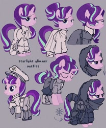 Size: 1500x1800 | Tagged: safe, artist:disaterror, derpibooru import, starlight glimmer, pony, unicorn, g4, alternate clothes, alternate hairstyle, bag, bags under eyes, bangs, base used, boots, butt, clothes, coat, collared shirt, dictator, epaulettes, eyebrows, female, frown, gray background, hair bun, hat, head turn, hood, hoof boots, hoof shoes, horn, jacket, jewelry, mare, mask, military hat, military uniform, narrowed eyes, necklace, noise, pants, peaked cap, pink coat, plot, ponytail, purple eyes, raised eyebrow, raised hoof, raised leg, robe, ruffled shirt, s5 starlight, saddle bag, sash, scarf, shirt, shoes, short mane, simple background, smiling, smirk, solo, standing, standing on three hooves, three quarter view, three toned mane, three toned tail, tied mane, tunic, unicorn horn, uniform, winter coat, winter outfit