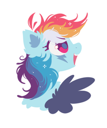 Size: 532x640 | Tagged: safe, artist:mirtash, derpibooru import, rainbow dash, pegasus, pony, g4, alternate design, alternate mane color, black wings, blue coat, chest fluff, colored eyelashes, colored pinnae, colored pupils, colored wings, ear fluff, ears, eye markings, female, lightning mark, lineless, magenta eyelashes, magenta eyes, magenta pupils, mare, multicolored mane, one wing out, open mouth, open smile, pink eyes, profile, purple eyelashes, purple pupils, shiny eyes, simple background, smiling, solo, sparkles, sparkly mane, white background, wing fluff, wings