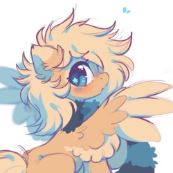 Size: 705x705 | Tagged: safe, artist:mirtash, derpibooru import, oc, oc only, oc:mirta whoowlms, pegasus, pony, blonde, blonde mane, blonde tail, blue eyes, blue pupils, blush lines, blushing, clothes, colored eartips, colored pupils, colored wings, colored wingtips, ear fluff, ears, emanata, eye markings, eyelashes, facial markings, female, female oc, fluffy, fluffy mane, looking back, mare, mare oc, open mouth, pegasus oc, plewds, ponysona, profile, scarf, shiny eyes, solo, spread wings, starry eyes, striped scarf, sweat, sweatdrops, tail, two toned wings, wing fluff, wingding eyes, wings, yellow coat, yellow wingtips