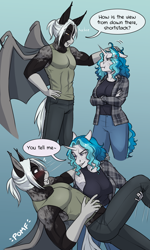 Size: 2262x3782 | Tagged: safe, artist:askbubblelee, oc, oc:bubble lee, oc:victor bates, anthro, bat pony, unguligrade anthro, unicorn, alternate universe, anthro oc, bat pony oc, blushing, carrying, clothes, comic, dialogue, digital art, ears, fangs, female, floppy ears, freckles, gradient background, horn, mare, plaid shirt, shirt, size difference, smiling, speech bubble, unamused, unicorn oc, willowverse