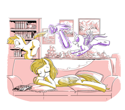 Size: 2685x2376 | Tagged: safe, artist:jowyb, derpibooru import, oc, oc only, oc:gleaming gold, oc:raining lead, oc:shellac, changeling, pegasus, pony, unicorn, fanfic:the boy and the bug, changeling oc, coffee mug, colt, eyes closed, fanfic art, female, foal, folded wings, hammer, high res, horn, levitation, limited palette, lying down, magic, male, mare, mug, partially transparent background, prone, running, telekinesis, trio, wings