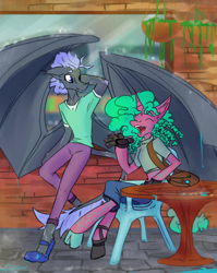 Size: 1394x1752 | Tagged: safe, artist:destiny_manticor, derpibooru import, oc, oc only, oc:flumine carcad, oc:warten samitelas, anthro, bat pony, digitigrade anthro, gargoyle, pony, semi-anthro, unguligrade anthro, unicorn, amputee, bag, body markings, brick wall, clothes, curly hair, curly mane, duo, duo male and female, eyes closed, female, horn, lanky, laughing, leonine tail, looking at someone, male, plastic chair, prosthetic arm, prosthetic limb, prosthetics, rain, raised hoof, raised leg, robotic arm, skinny, smiling, table, tail, tall, thin