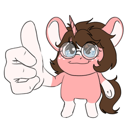 Size: 1408x1407 | Tagged: safe, artist:aliceg, derpibooru import, oc, oc only, oc:milky chance, unicorn, big ears, ears, freckles, glasses, horn, meme, round glasses, silly, simple background, solo, thumbs up, transparent background