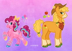 Size: 1280x900 | Tagged: safe, artist:artisticwerks, derpibooru import, applejack, pinkie pie, earth pony, pony, g4, alternate design, alternate hairstyle, alternate mane color, alternate tail color, bandana, bow, bracelet, coat markings, colored hooves, cowboy hat, cutie mark, duo, facial markings, female, hair bow, hat, hoers, hooves, jewelry, lady looks like a dude, mare, mealy mouth (coat marking), pigtails, poofy hair, poofy mane, poofy tail, redesign, size comparison, size difference, socks (coat marking), unshorn fetlocks