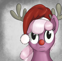 Size: 2520x2480 | Tagged: safe, artist:eels, derpibooru import, cheerilee, earth pony, pony, g4, antlers, blank stare, bust, christmas, female, hat, holiday, looking at you, mare, red nose, reindeer antlers, santa hat, solo, stare, staring at you, thousand yard stare