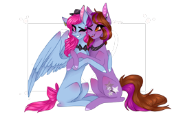 Size: 3000x2000 | Tagged: safe, artist:jgreti, derpibooru import, oc, oc only, oc:noty serdtsa, oc:symphony diamond, pegasus, pony, unicorn, bowtie, colored pupils, female, horn, hug, mare, simple background, white background