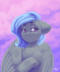 Size: 1593x1920 | Tagged: safe, artist:amishy, derpibooru import, oc, oc only, pegasus, pony, cloud, ears, female, floppy ears, mare, pegasus oc, smiling, solo, wings