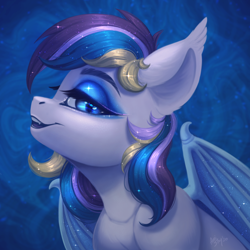 Size: 3000x3000 | Tagged: safe, artist:amishy, derpibooru import, oc, oc only, oc:moonlight waves, bat pony, pony, bat pony oc, bat wings, bust, eyeshadow, female, makeup, mare, solo, wings