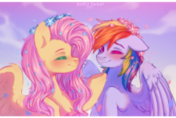 Size: 3000x2000 | Tagged: safe, artist:anku, derpibooru import, fluttershy, rainbow dash, pegasus, pony, g4, blushing, bust, chest fluff, duo, duo female, ears, eyes closed, female, floppy ears, floral head wreath, flower, flower in hair, flutterdash, heart, high res, lesbian, looking at you, mare, one eye closed, partially open wings, profile, raised hoof, raised leg, shipping, sky, sky background, smiling, three quarter view, wings, wink, winking at you