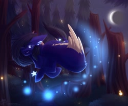 Size: 2560x2131 | Tagged: safe, artist:dedfriend, derpibooru import, oc, oc only, firefly (insect), insect, pegasus, pony, female, flying, forest, jewelry, leonine tail, mare, moon, nature, necklace, night, solo, tail, tree