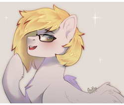 Size: 2356x2000 | Tagged: safe, artist:anku, derpibooru import, oc, oc only, oc:ludwig von leeb, pegasus, pony, blushing, chest fluff, colored pupils, eyebrows, eyebrows visible through hair, glasses, high res, hoof fluff, looking at you, male, open mouth, open smile, partially open wings, pony oc, simple background, smiling, smiling at you, solo, stallion, wings