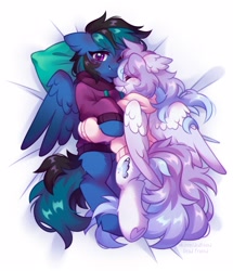 Size: 2205x2560 | Tagged: safe, artist:dedfriend, derpibooru import, oc, oc only, oc:butterfly effect, oc:felonale, pegasus, pony, bed, blushing, deviantart watermark, female, heart, heart hoof, hoof heart, mare, obtrusive watermark, oc x oc, on bed, pillow, shipping, smiling, underhoof, watermark