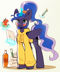 Size: 1350x1606 | Tagged: safe, artist:pledus, derpibooru import, princess luna, alicorn, pony, g4, :3, blush sticker, blushing, clothes, cute, fanta, female, food, glowing, glowing horn, hoodie, horn, levitation, lunabetes, magic, magic aura, mare, ponytail, simple background, solo, standing, telekinesis, white background