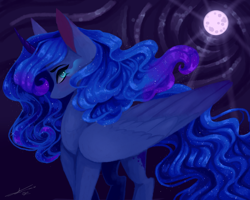 Size: 2738x2190 | Tagged: safe, artist:jgreti, derpibooru import, nightmare moon, princess luna, alicorn, pony, g4, curved horn, female, full moon, horn, looking at you, mare, missing accessory, moon, profile, solo