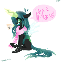 Size: 2449x2449 | Tagged: safe, artist:jgreti, derpibooru import, queen chrysalis, changeling, changeling queen, g4, clothes, female, implied chrysipuff, implied shipping, mug, scarf, simple background, solo, spanish, speech bubble, white background