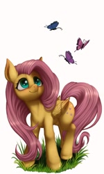 Size: 1200x2000 | Tagged: safe, artist:zetamad, derpibooru import, fluttershy, butterfly, pegasus, pony, g4, atg 2023, cute, female, mare, newbie artist training grounds, shyabetes, simple background, solo, white background