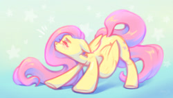 Size: 4136x2326 | Tagged: safe, artist:amishy, derpibooru import, fluttershy, pegasus, pony, g4, abstract background, blush lines, blushing, cute, ears, emanata, eyes closed, female, floppy ears, high res, mare, shyabetes, solo, stretching, wings