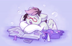 Size: 4743x3060 | Tagged: safe, artist:amishy, derpibooru import, oc, oc only, alicorn, pegasus, pony, bag, book, bubble, commission, eraser, eyes closed, female, glasses, mare, open mouth, pencil, ruler, school bag, sleeping, solo, teary eyes, unshorn fetlocks, ych result