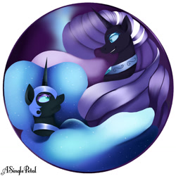 Size: 1280x1280 | Tagged: safe, artist:asinglepetal, derpibooru import, idw, nightmare moon, nightmare rarity, rarity, alicorn, pony, unicorn, g4, bust, button design, chestplate, duo, duo female, ethereal hair, ethereal mane, eyeshadow, female, glare, glaring at each other, helmet, horn, jewelry, looking at each other, looking at someone, makeup, mare, moon, necklace, nervous, nervous smile, nightmarified, redraw, smiling, space, starry mane, watermark, wavy hair, white stripe, white stripes