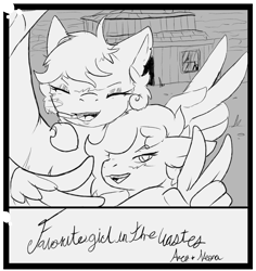 Size: 1131x1200 | Tagged: safe, artist:frostedscales, derpibooru import, oc, oc only, oc:aero sky, oc:neona nitro, pegasus, pony, fallout equestria, female, grayscale, mare, monochrome