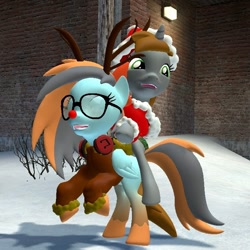 Size: 720x720 | Tagged: safe, artist:blitzythepony, derpibooru import, oc, oc only, oc:blitzy, oc:littlepip, pegasus, pony, unicorn, fallout equestria, 3d, animal costume, antlers, bow, christmas, clothes, costume, duo, duo female, female, females only, glasses, gmod, hair bow, hat, headphones, holiday, horn, pegasus oc, red nose, reindeer antlers, reindeer costume, riding, riding a pony, santa costume, santa hat, unicorn oc